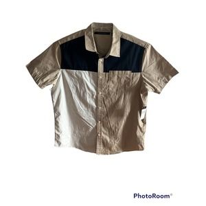 Sean John Button Down Shirt Mens 2XL XXL Short Sleeve Tan Navy Casual NWT